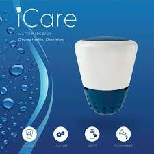 Picture of the iCare Water Monitor packaging.  Blue box with water droplets and a cone shaped icare